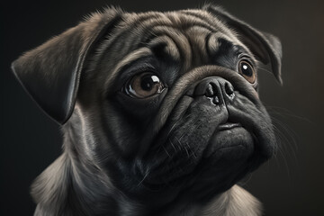 Obraz premium Portrait photo of a Pug dog. Pug closeup view. Confident purposeful Pug Dog looking right. A beautiful dog photo for advertises. generative AI 