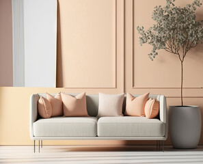 Pastel peach room interior, living room interior mockup, empty wall and white sofa,. Generative AI