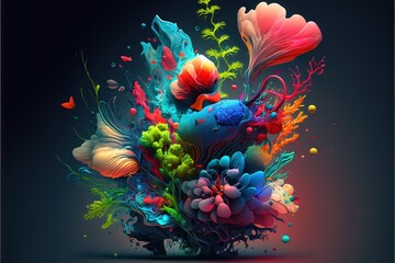 Obraz na płótnie Canvas a colorful flower arrangement is shown on a dark background with a butterfly flying above the flowers and the bottom half of the image is blue. generative ai