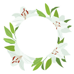 Round frame with white lilies and green leaves on a background. Vector illustration. EPS 10.