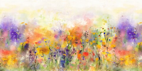 Springtime Flower Field, Abstract Impressionist Watercolor Painting, Colorful, Background Wallpaper