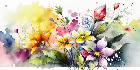 spring flowers watercolor painting, colorful, abstract, impressionist, Background. Daisy, tulip, wildflower bouquet.