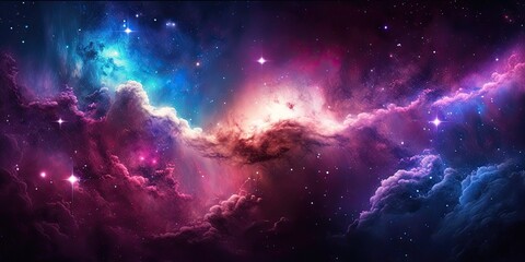 Fototapeta na wymiar Colorful Space Sky, Galaxy Clouds Nebula, Glowing Background Wallpaper