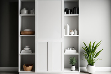 Fototapeta na wymiar Mockup Empty white open cabinet with shelves in bathroom. shelves for product display, clean white cabinet, light grey wall paint, white wood. vertical image. Generative AI