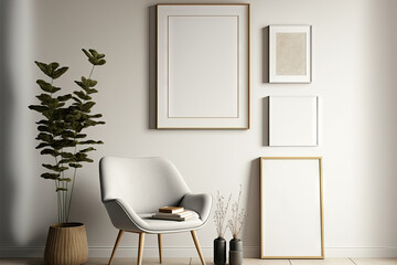 A minimalistic arrangement of an artistic living room interior featuring a faux poster frame and chic few personal items on a wooden stool. Copy space Template. Actual image. Generative AI