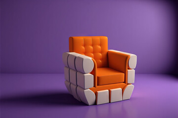 In the purple room, a simple and comfortable modern chair in three colors—orange, white, and brown—is present. interior decorating. Generative AI