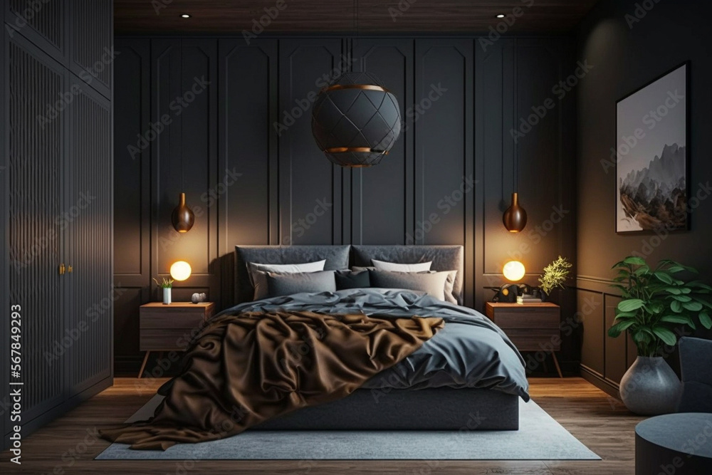 Wall mural modern bedroom interior with gray and dark wooden walls, wooden floor, master bed with two round nig