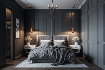 Modern bedroom interior with gray and dark wooden walls, wooden floor, master bed with two round nightstands with lamps and a wardrobe with clothes. AI