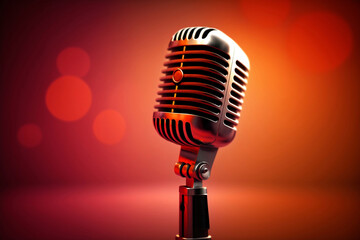 Microphone on background of the red curtain. Comedy show stage with microphone. Stand Up concert, open mike event for comedians on theater scene with red curtains. Generative AI
