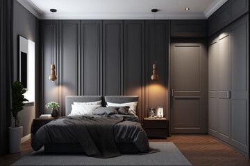 Modern bedroom interior with gray and dark wooden walls, wooden floor, master bed with two round nightstands with lamps and a wardrobe with clothes. AI