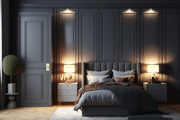 Modern bedroom interior with gray and dark wooden walls, wooden floor, master bed with two round nightstands with lamps and a wardrobe with clothes. AI