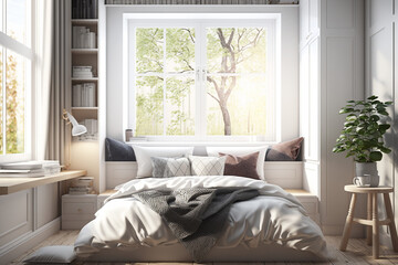 Bright and cozy contemporary bedroom with walk-in closet, large window and a decent reading window sill with natural seating and cushions. Idea for interior design. AI