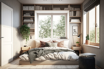 Bright and cozy contemporary bedroom with walk-in closet, large window and a decent reading window sill with natural seating and cushions. Idea for interior design. AI