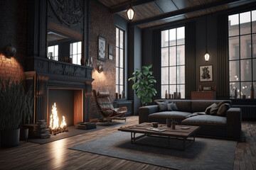 Fototapeta premium Dark living room loft with fireplace, industrial style. AI