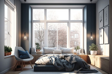 Bright and cozy contemporary bedroom with walk-in closet, large window and a decent reading window sill with natural seating and cushions. Idea for interior design. AI