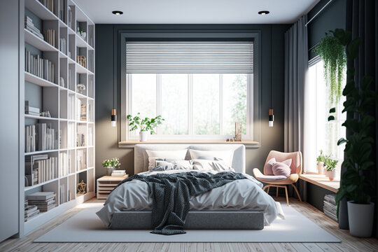 Bright and cozy contemporary bedroom with walk-in closet, large window and a decent reading window sill with natural seating and cushions. Idea for interior design. AI