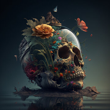 Flower-made skull on water, 3D vanitas render for projects exploring mortality and transience. generative AI