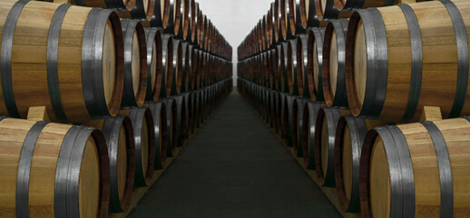 Wine or cognac barrels in the cellar of the winery, Wooden wine barrels in perspective. wine vaults. vintage oak barrels of craft beer or brandy.