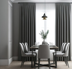 Minimalist contemporary wooden dining room in gray tones with table and chairs, curtains and parquet floor. Mockup with copy space. Modern interior design, 3d illustration. Generative AI