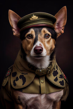 Australian Koolie dog wearing military army uniform, service dog, creative headshot portrait. Generative AI