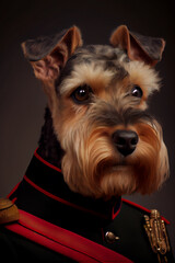Fox Terrier dog wearing military army uniform, service dog, creative headshot portrait. Generative AI