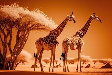 Obraz premium a couple of giraffe standing next to each other on a desert field next to a couple of trees and a few people in the distance. generative ai
