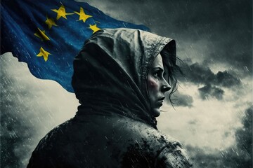Hooded woman profile on European Union flag and cloudy sky background - obrazy, fototapety, plakaty
