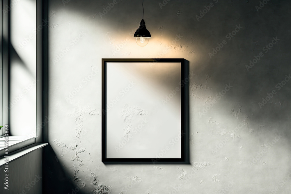 Poster black frame hanging in a mockup of a light room. an example of a framed image on a wall illuminated 