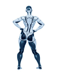 super cyborg girl is doing a super pose like a comic hero rear view