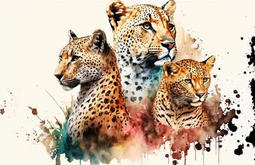 Foto op Plexiglas adorable leopards in watercolor. exotic wild cat, lifelike creatures, and a jaguar. Generative AI © 2rogan