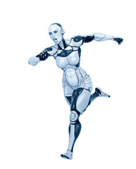 super cyborg girl is running mega fast with a ferocious face