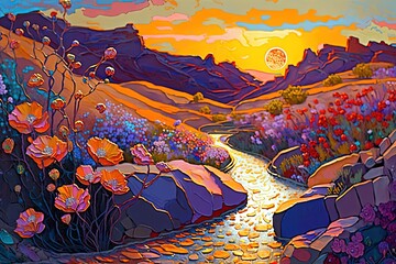  a painting of a colorful landscape with a river running through the middle of it and a full moon in the sky above the mountain range.  generative ai