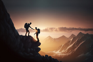 People helping each other hike up a mountain at sunrise. Giving a helping hand, and active fit lifestyle concept, dark theme sunset Generative AI - obrazy, fototapety, plakaty