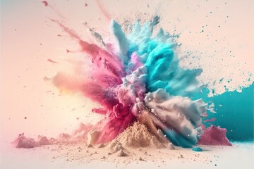  a colorful explosion of powder on a white background with a blue and pink color splashing out of the top of the powder and bottom of the powder.  generative ai