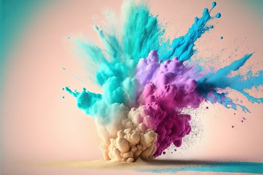  a group of colored powder exploding into the air on a pink and blue background with a blue border around the top of the image and bottom half of the image.  generative ai