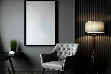 a mock up poster frame on a gray wall in a contemporary environment with a metal chair, and a luxury interior background,. Generative AI