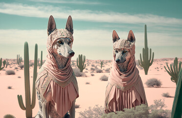 Fashionable two dogs in a desert - Generative AI