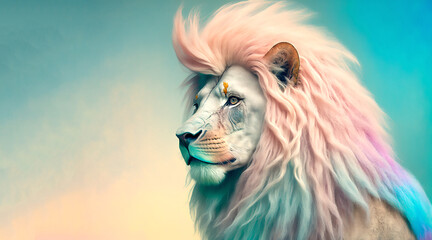 Beautiful lion with colorful mane - Generative AI - obrazy, fototapety, plakaty