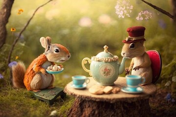  a couple of animals that are next to a teapot and a cup of tea on a stump in the grass with flowers in the background.  generative ai