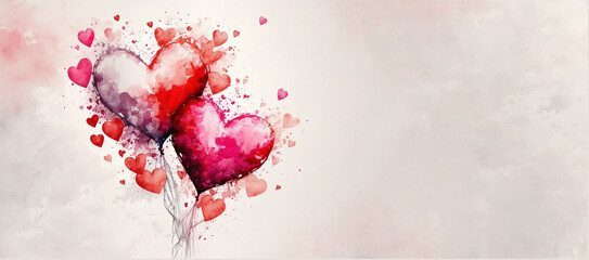 Heart shaped balloons, watercolor style, ai generation. Wide banner with space for text. Valentines Day.