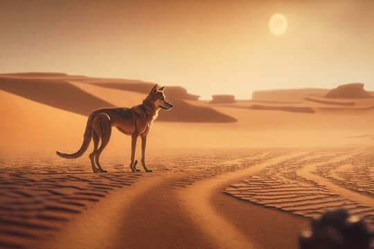  a dog standing in the middle of a desert with a sun in the background and a person taking a picture of the dog in the distance.  generative ai