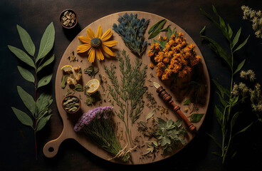 Arrangement of medicinal herbs on a wooden board. medicinal plants. flat lay, top view. Generative AI