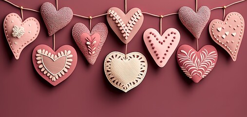 Fototapeta premium beautiful pink heart shape paper craft garland hanging on pink wall, idea for love and valentine's day background wallpaper
