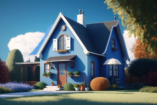  a blue house with a blue roof and white shutters on the front of the house is surrounded by trees and bushes and bushes and a blue sky is partly cloudy.  generative ai