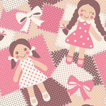 Vintage rag dolls seamless pattern. Patchwork background with cute toys. Vector illustration
