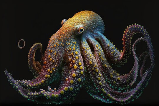  an octopus with multicolored dots on it's body and head, with a black background and a black background with a black background.  generative ai