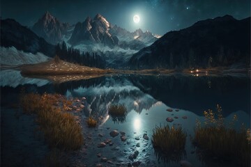Fototapeta na wymiar a night scene of a mountain lake with a full moon in the sky and stars in the sky above the water and grass in the foreground. generative ai