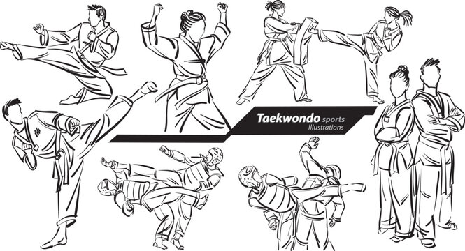 Taekwondo martial arts sports profession work doodle design drawing vector illustration