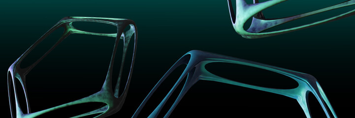 Matrix green wireframe abstract objects. 3d render