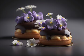 Obraz na płótnie Canvas two cakes with chocolate frosting and flowers on top of them on a plate with flowers on top of them on a table with a black background. generative ai